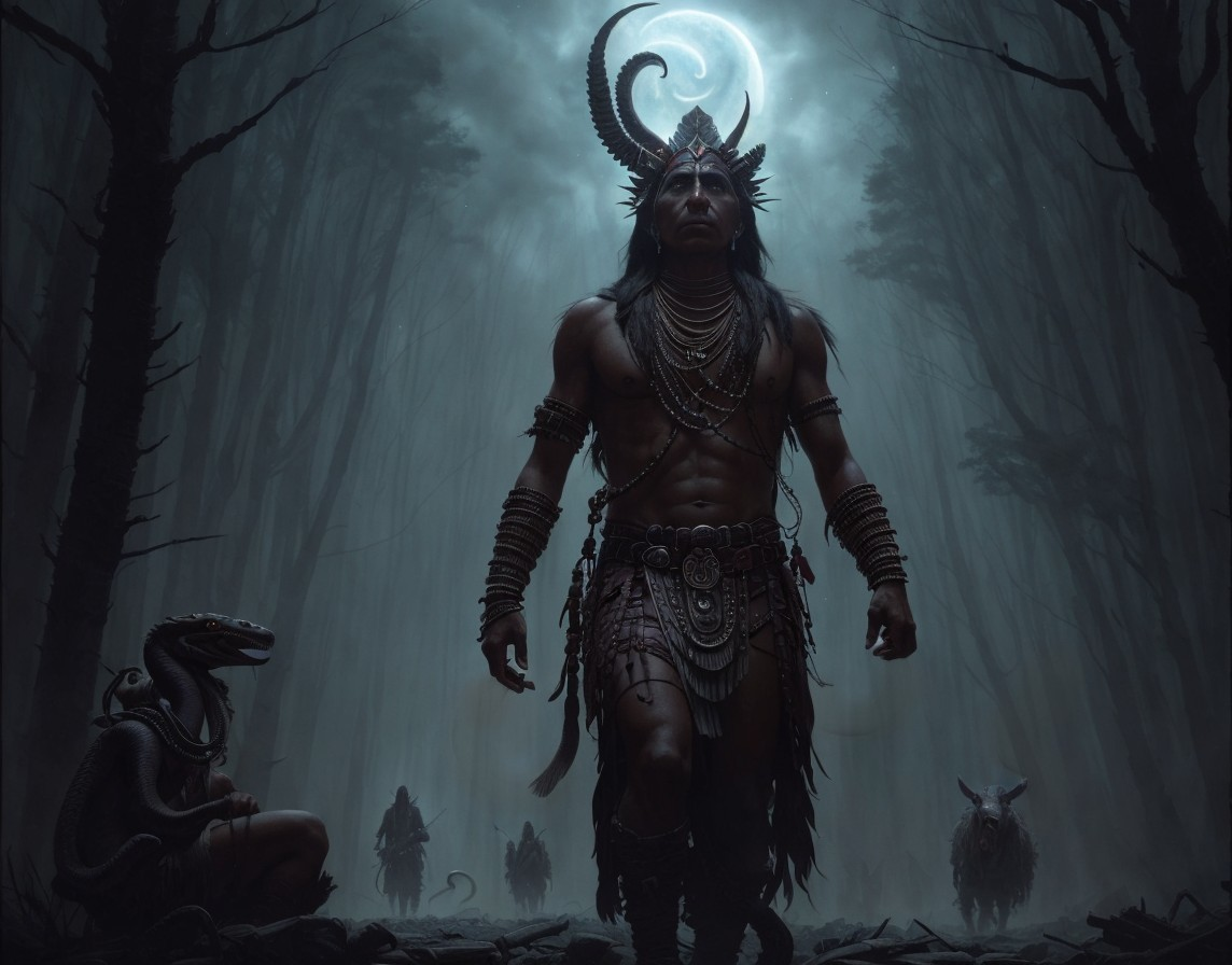 Mystical tribal warrior in foggy forest under crescent moon