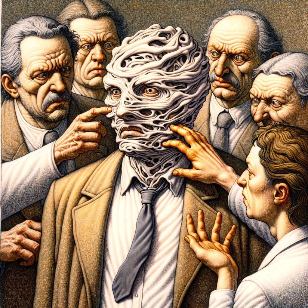 Abstract Figure Surrounded by Concerned Individuals