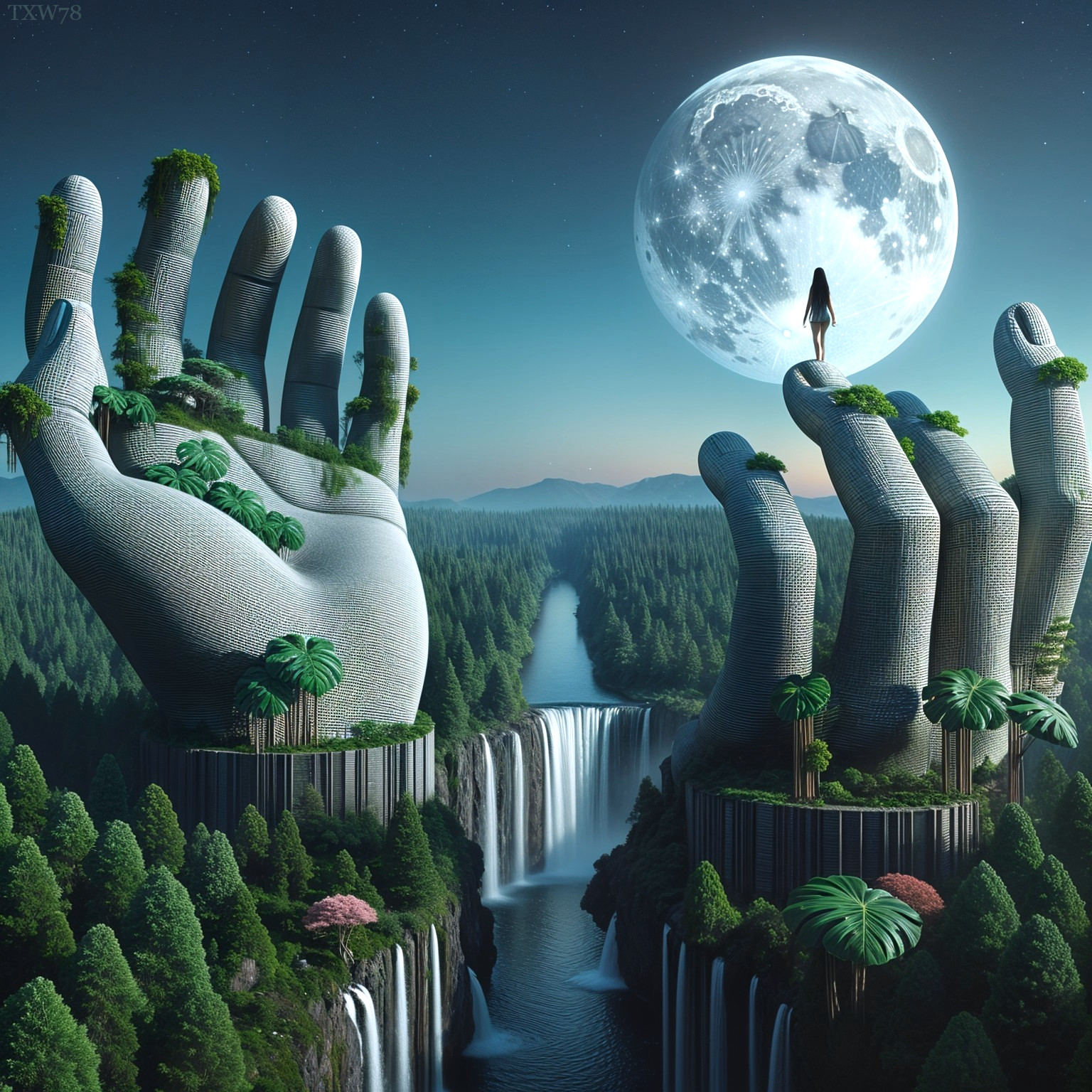 Surreal Landscape with Colossal Hands and Moonlit Scene