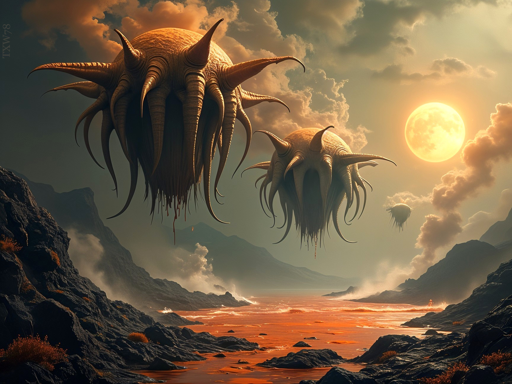 Surreal Landscape with Alien Creatures and Molten Sea