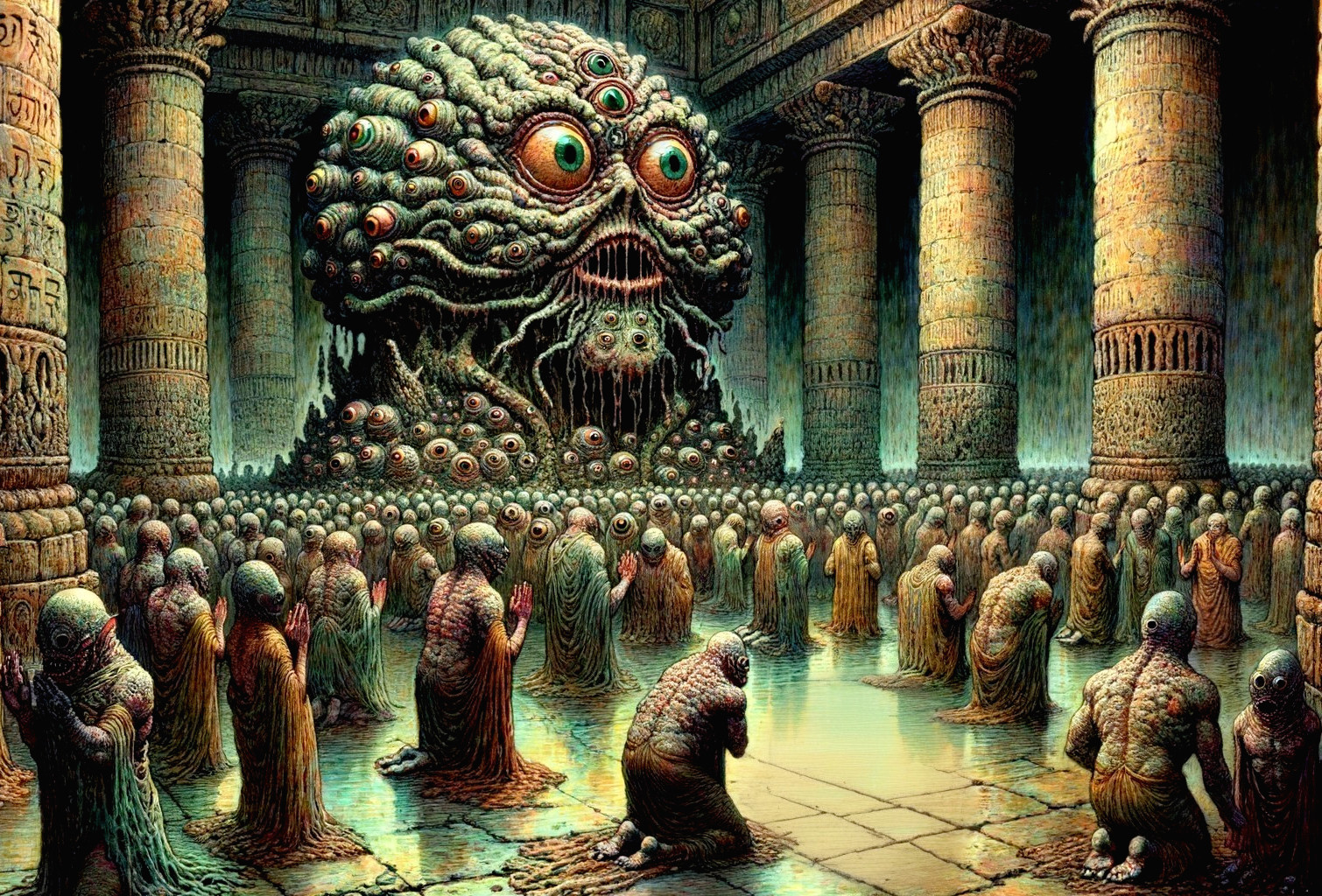 Grotesque Creature in Ancient Temple with Worshippers