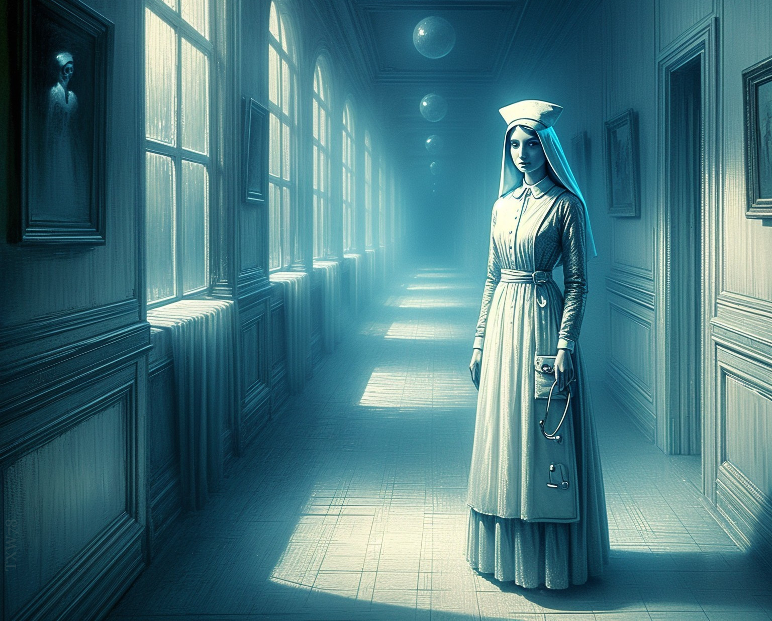 Vintage Nurse in Dimly Lit Corridor with Shadows