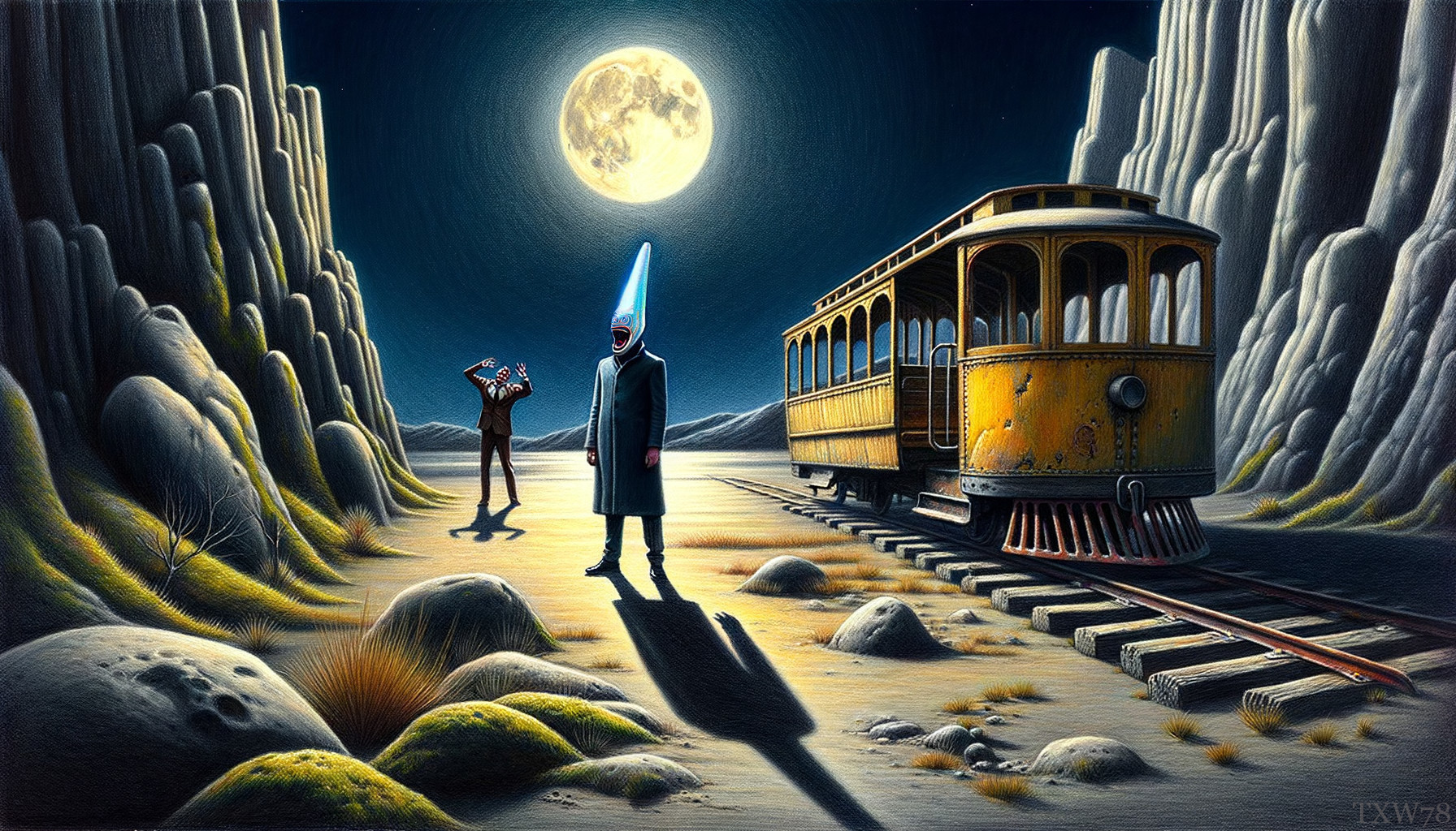 Surreal Landscape with Figures and Vintage Train Car