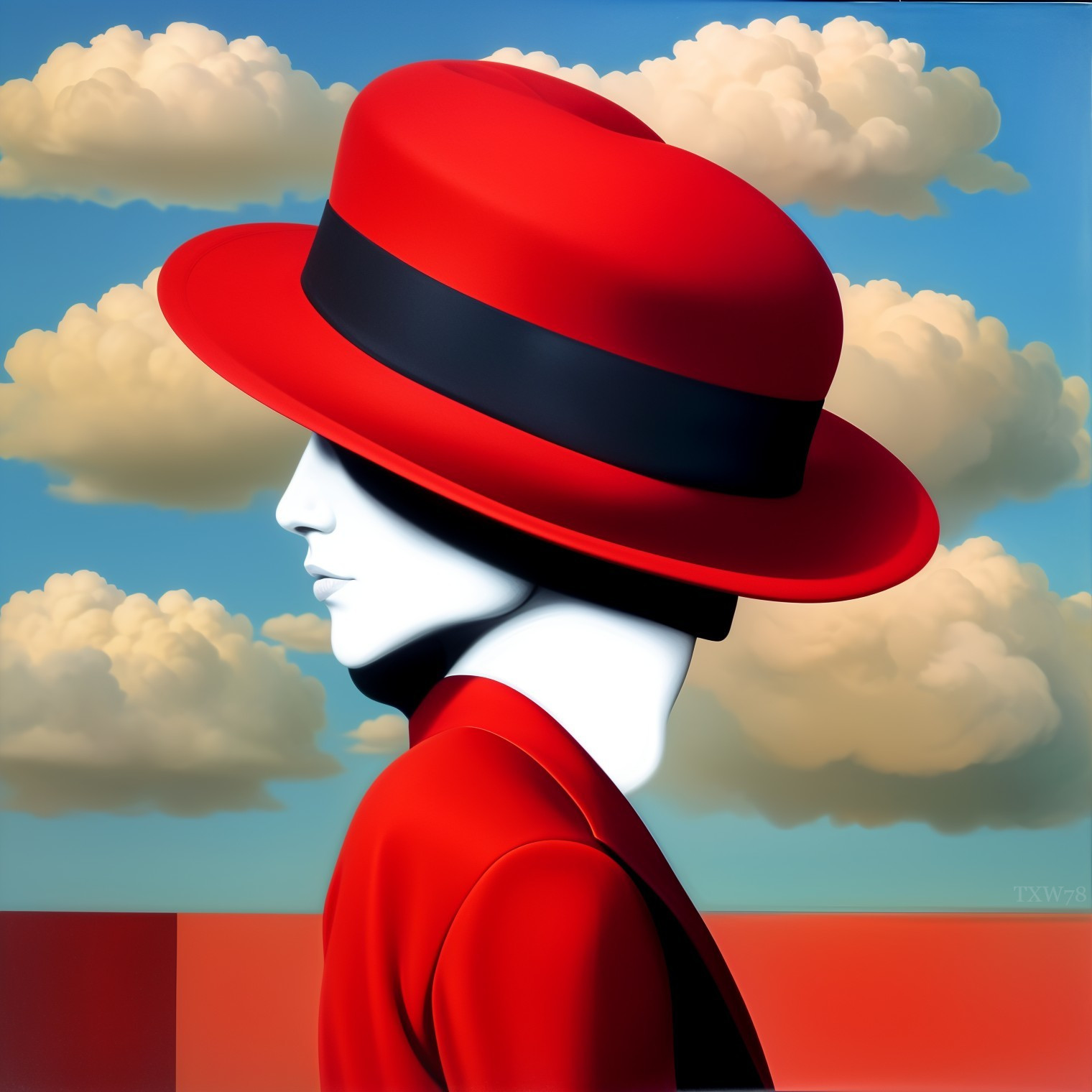 Profile of a Figure in Red Hat Against Cloudy Sky