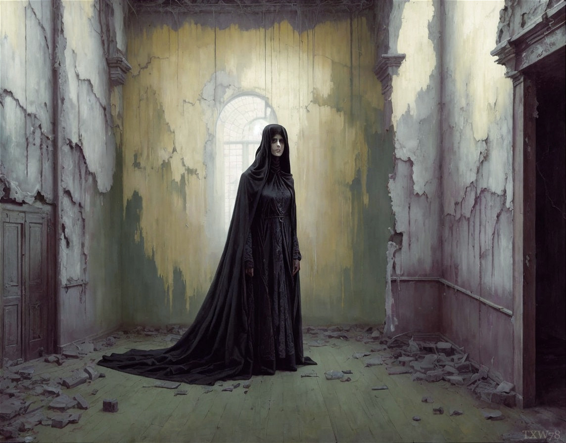 Cloaked Figure in Dilapidated Room with Arched Window