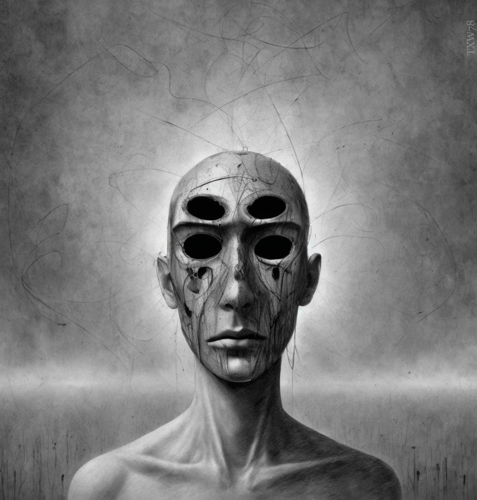 Humanoid Figure with Bald Head and Hollow Eyes