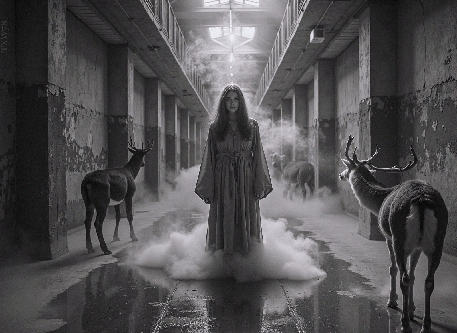 Mystical Scene of Woman in White Gown with Deer
