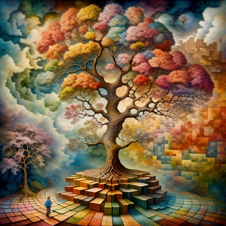 Surreal Landscape with Majestic Multicolored Tree