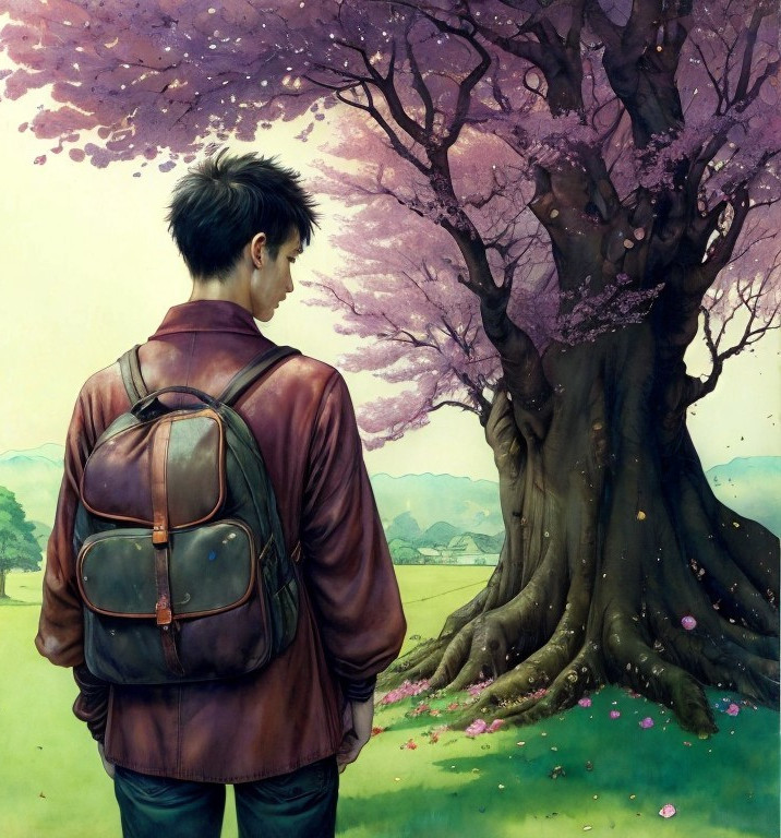 Young man admiring a blooming cherry blossom tree