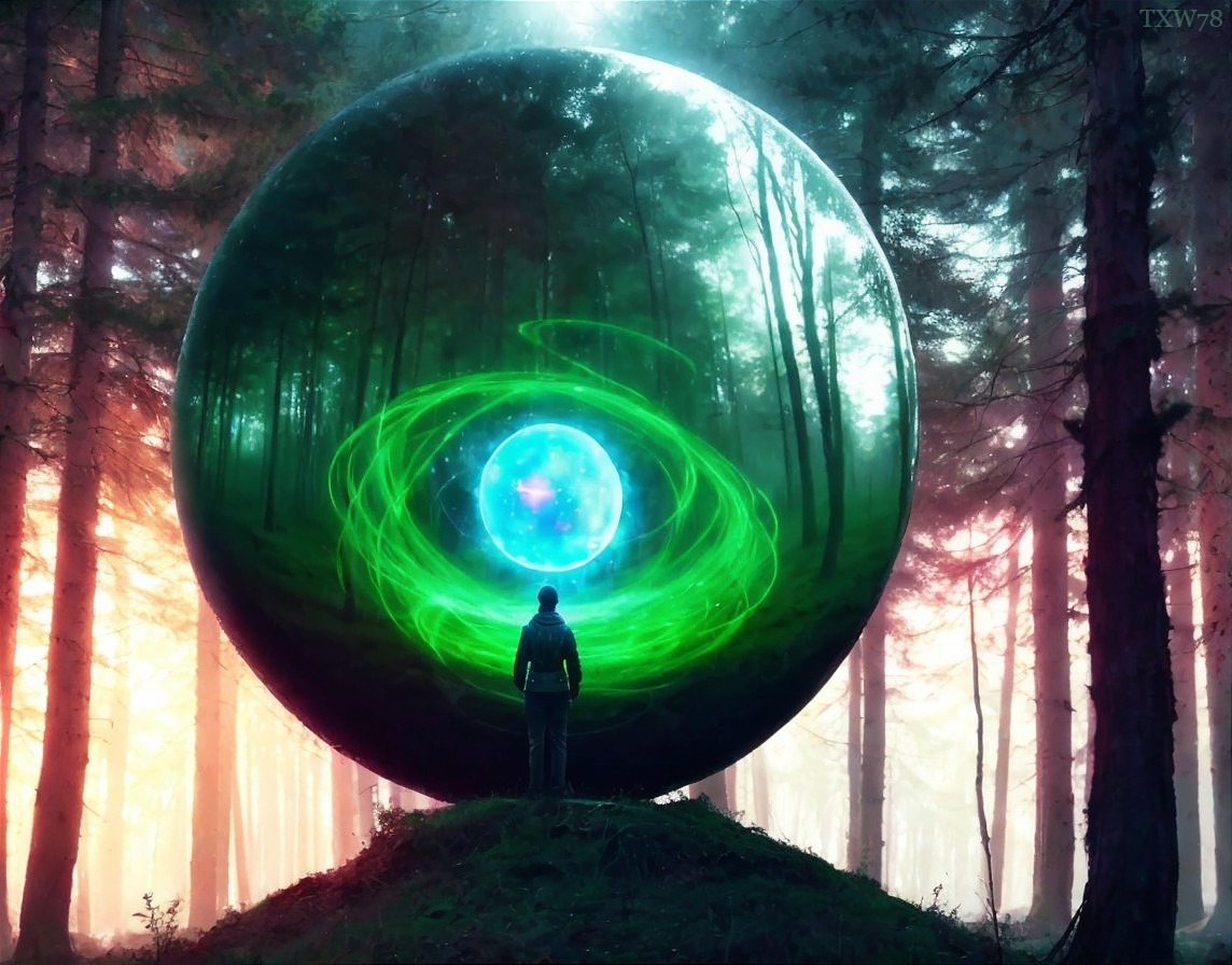 Person in a mystical forest with a glowing orb