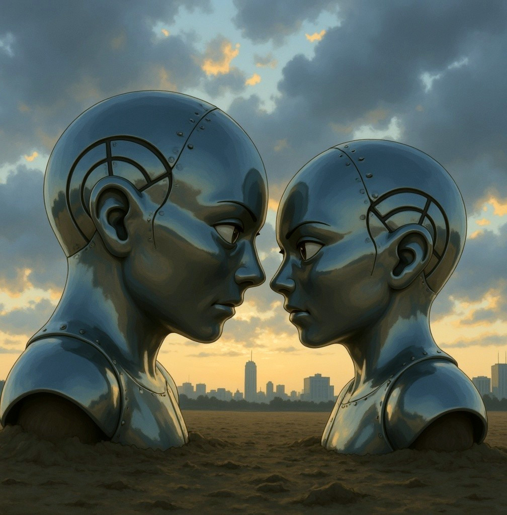Futuristic Robot Heads in Barren Landscape at Sunset