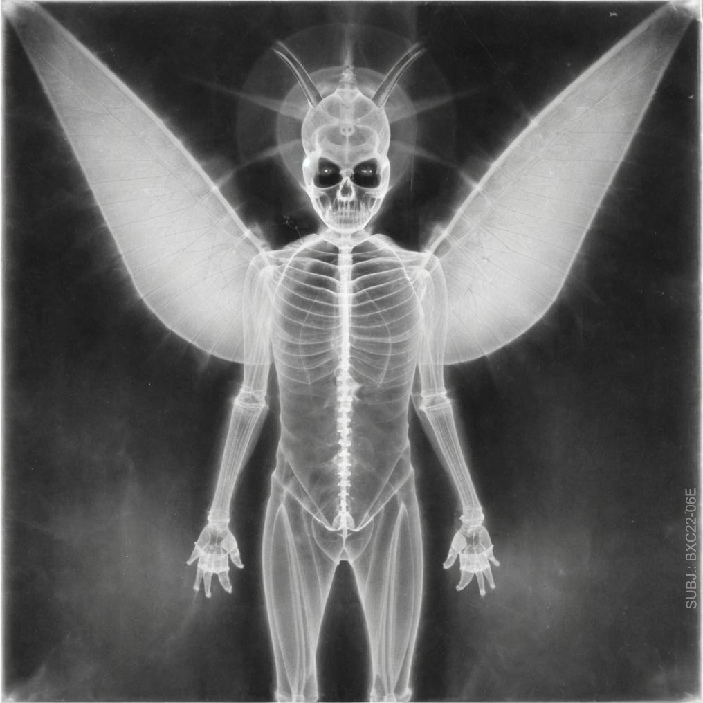 Artistic X-ray of a skeletal figure with wings