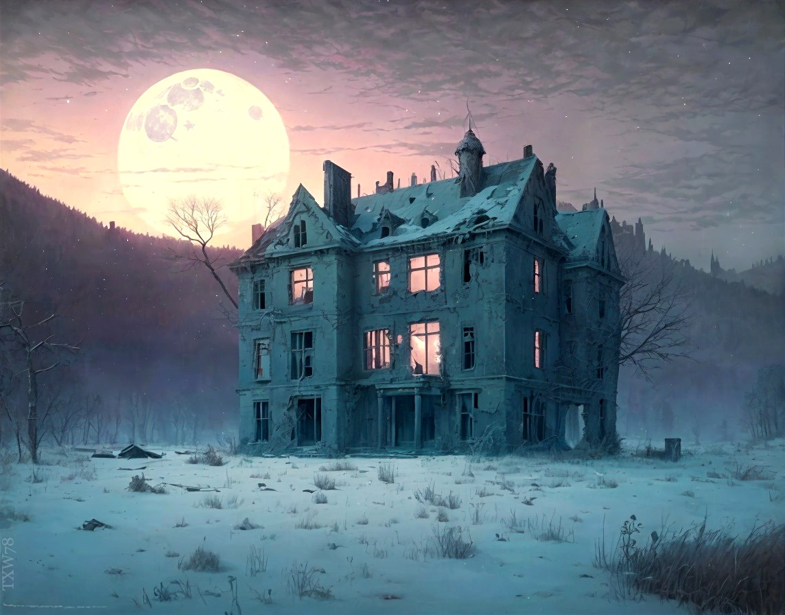 Desolate Mansion in Snowy Landscape at Dusk