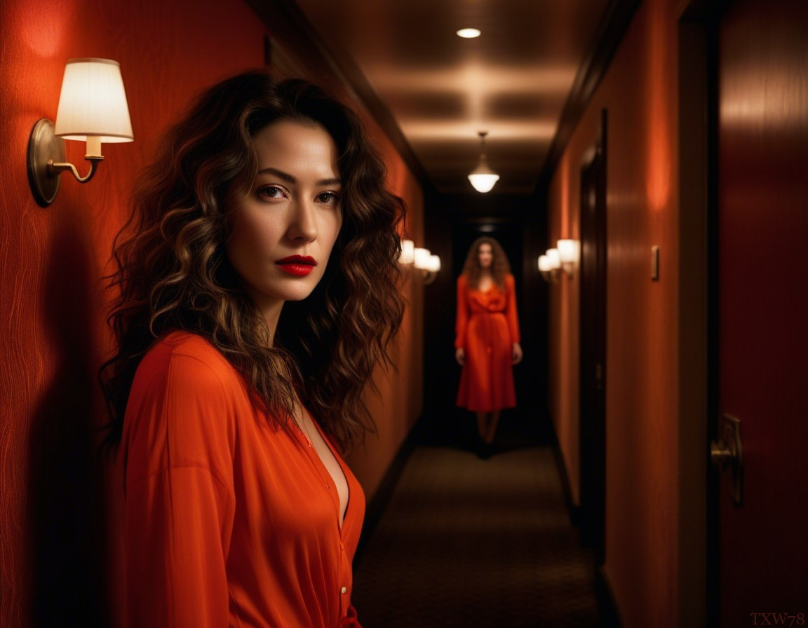 Woman in Orange Dress in Dim Hotel Corridor