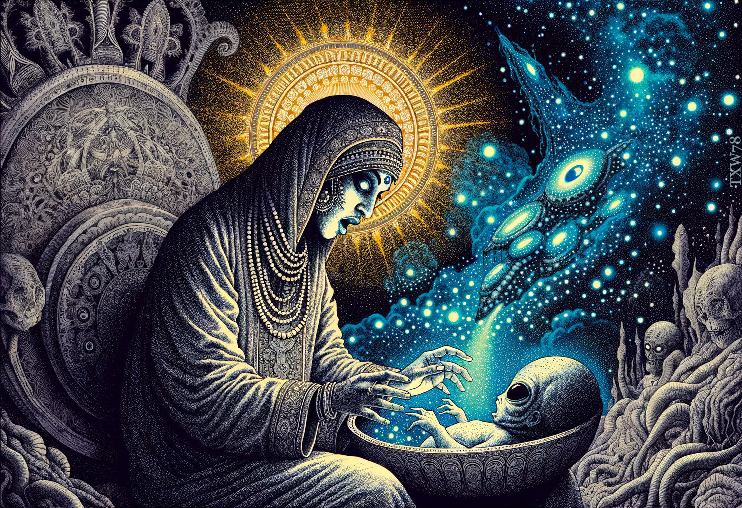 Cloaked Figure and Alien Infant in Cosmic Setting