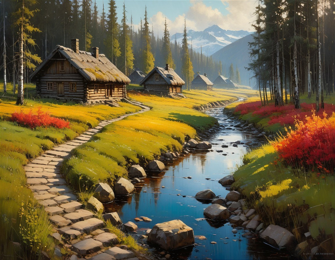 Serene Landscape with Cabins and Autumn Foliage