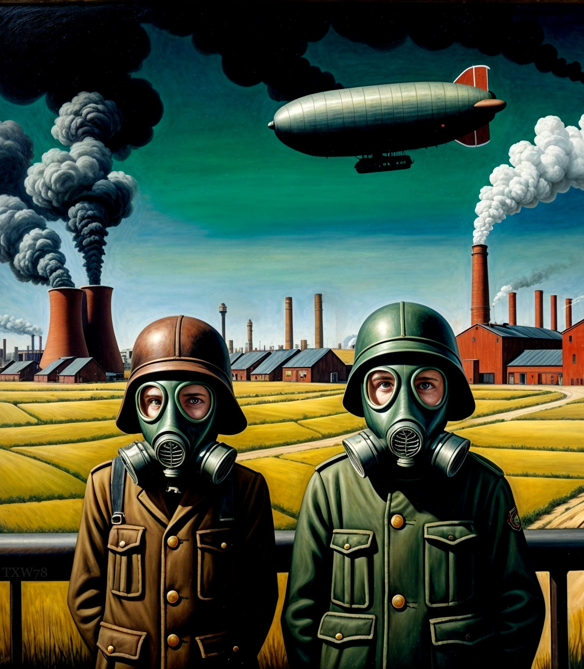 Surreal Landscape with Figures in Gas Masks and Zeppelin