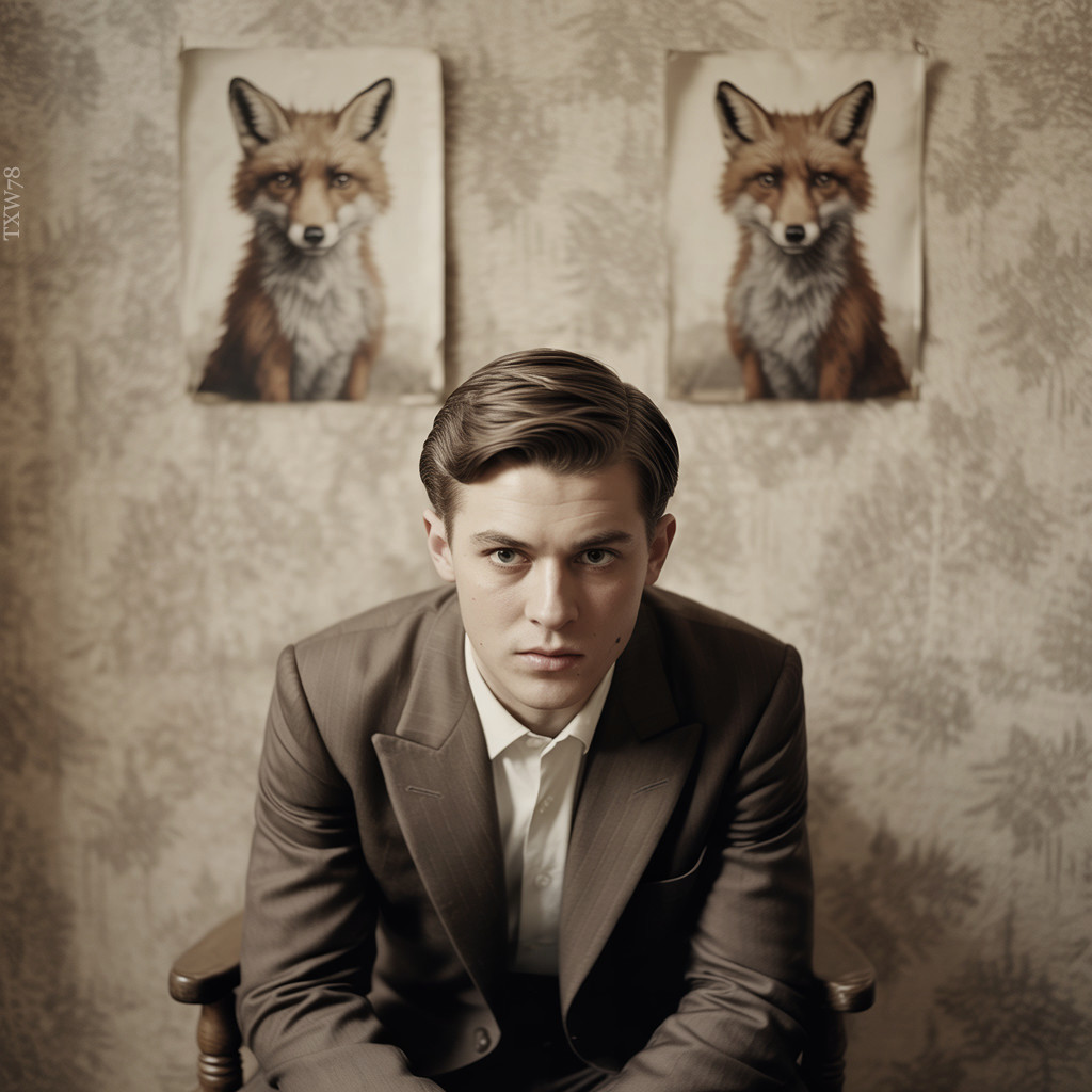 Young man in tailored suit seated in antique chair