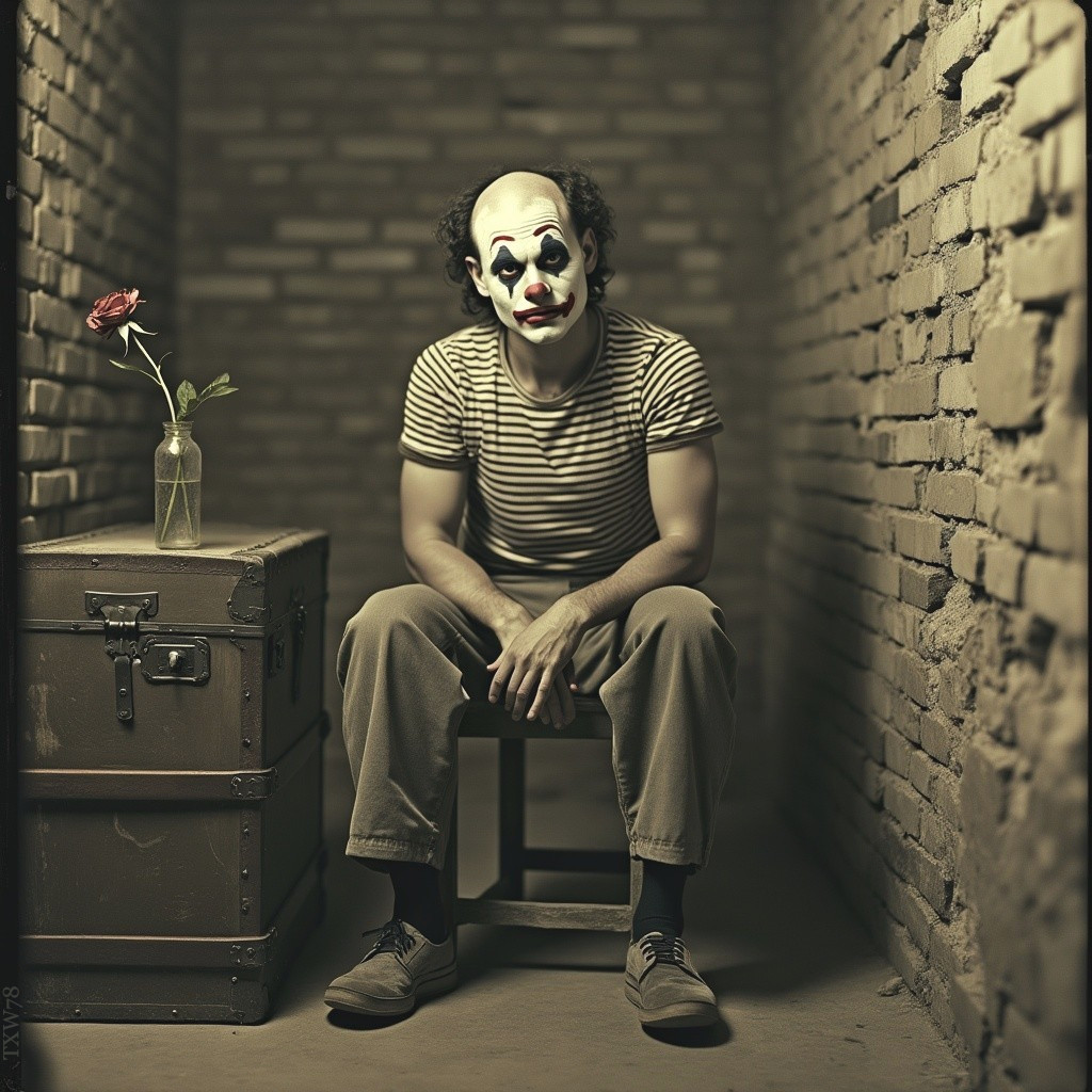 Sad Clown in Dim Room with Red Rose and Brick Walls
