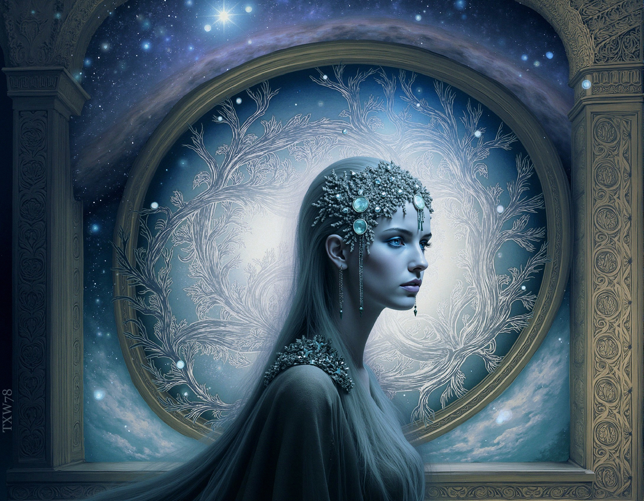 Ethereal Figure with Jewelry in Cosmic Background