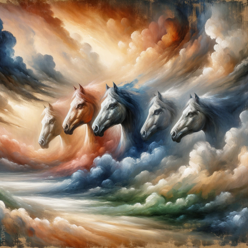 Four Horse Heads Emerging from Swirling Clouds in Dramatic Sky