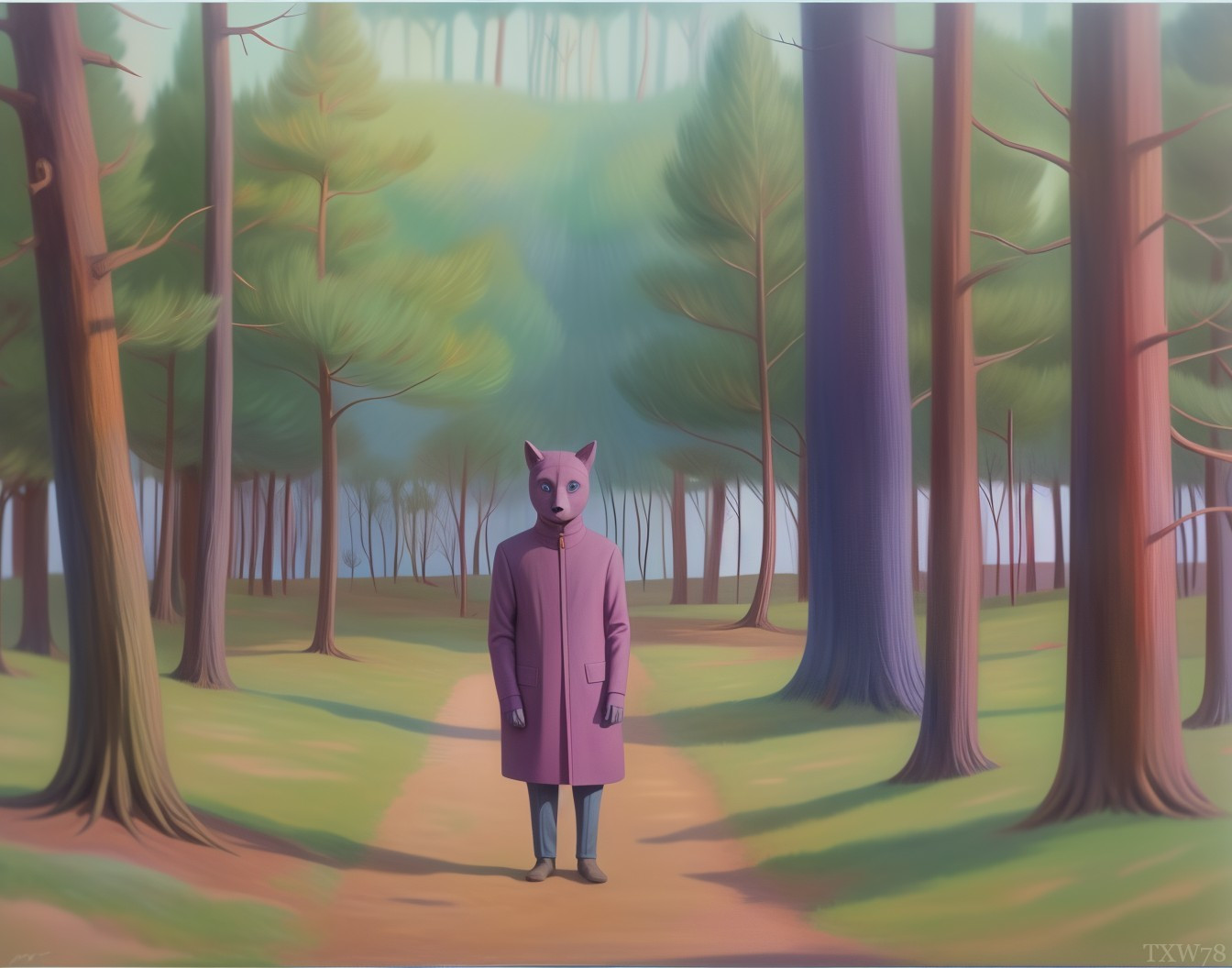 Figure in Purple Coat and Cat Mask in Serene Forest