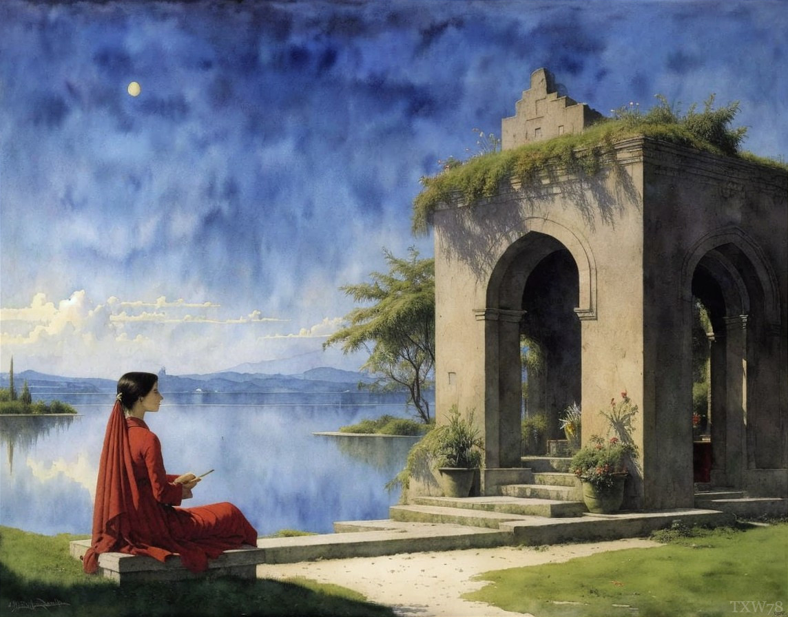 Person in Red Garment Reading by Serene Lake and Archway