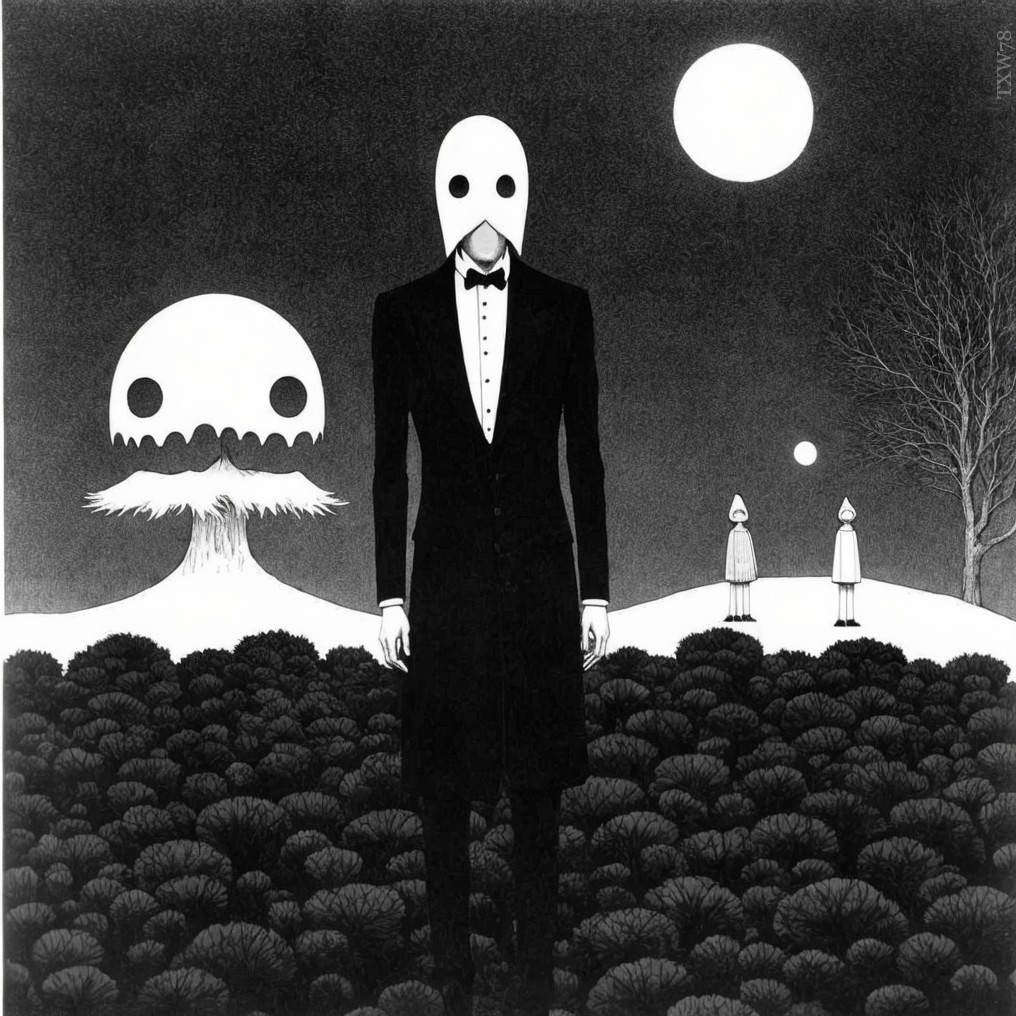 Monochrome surreal illustration of person in suit in dreamlike landscape