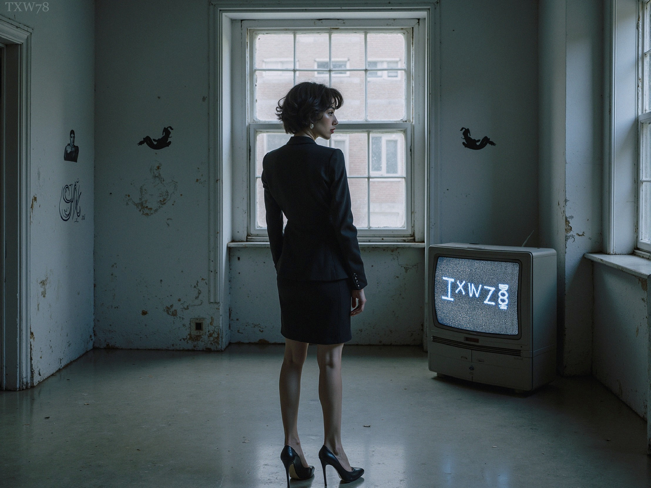 Woman in Black Suit Observing Vintage Television Static