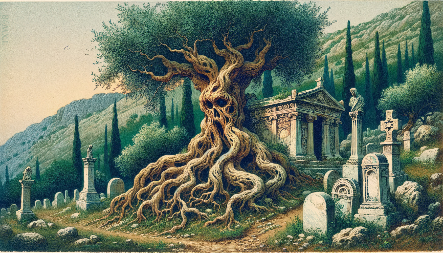 Ancient Tree and Graveyard in a Mystical Landscape