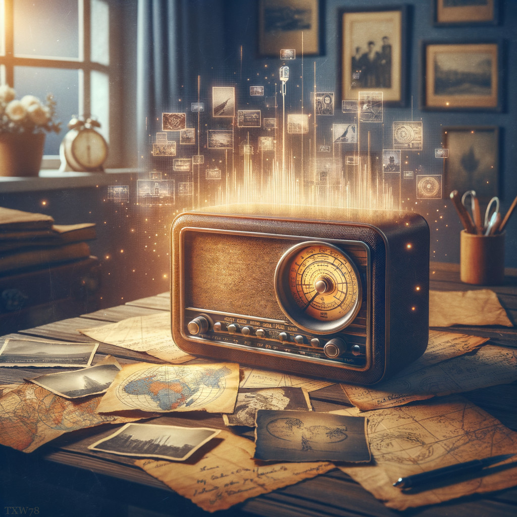 Vintage Radio Emitting Futuristic Holographic Images Among Maps and Photographs