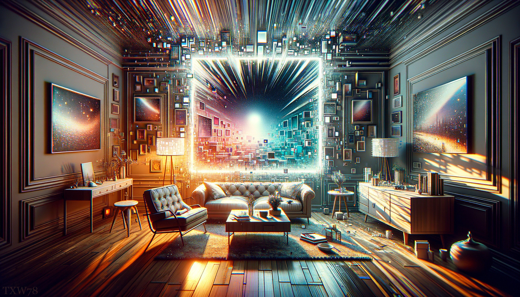 Futuristic room with traditional furniture and cosmic-themed decor