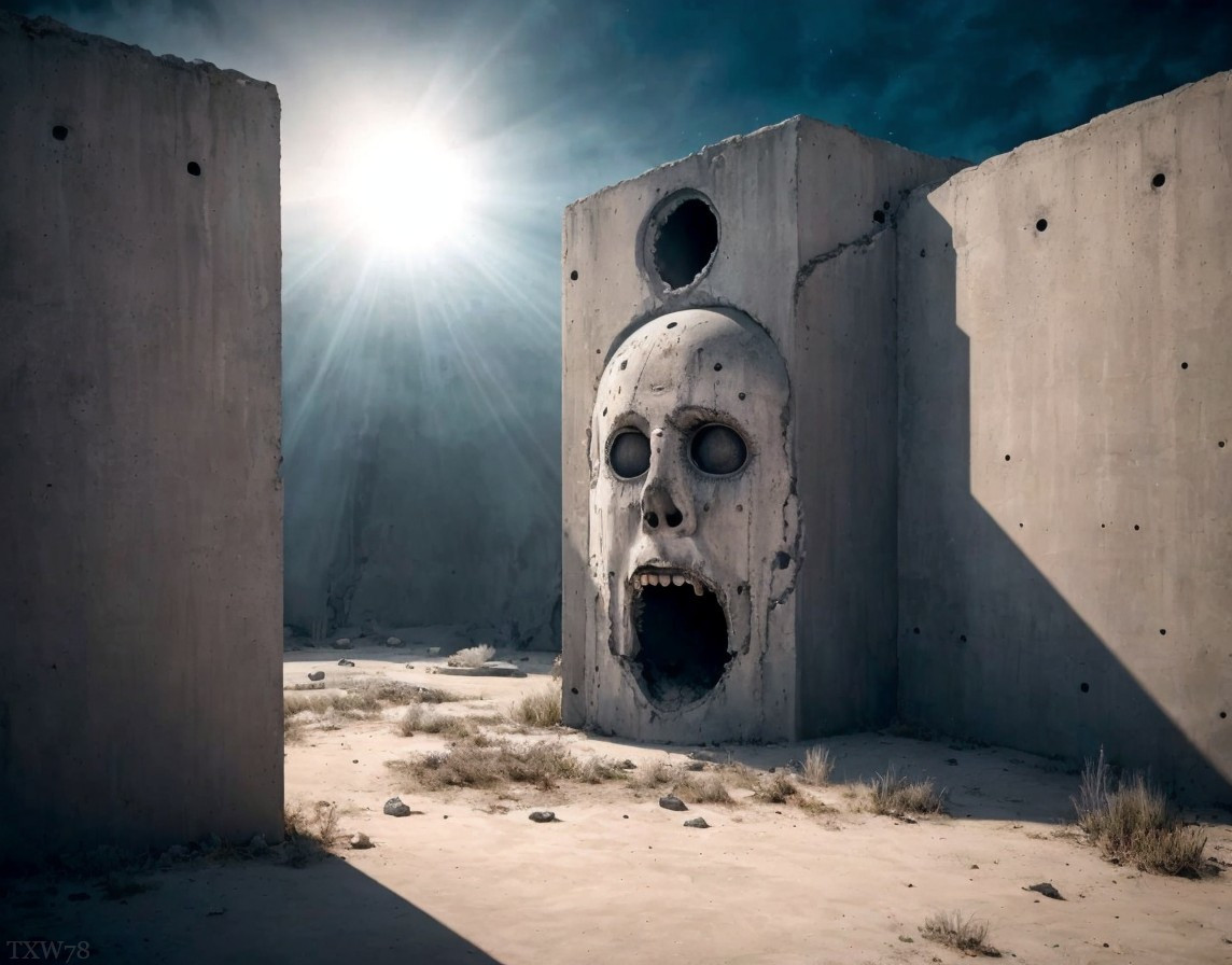 Desolate Landscape with Towering Concrete Walls and Skull