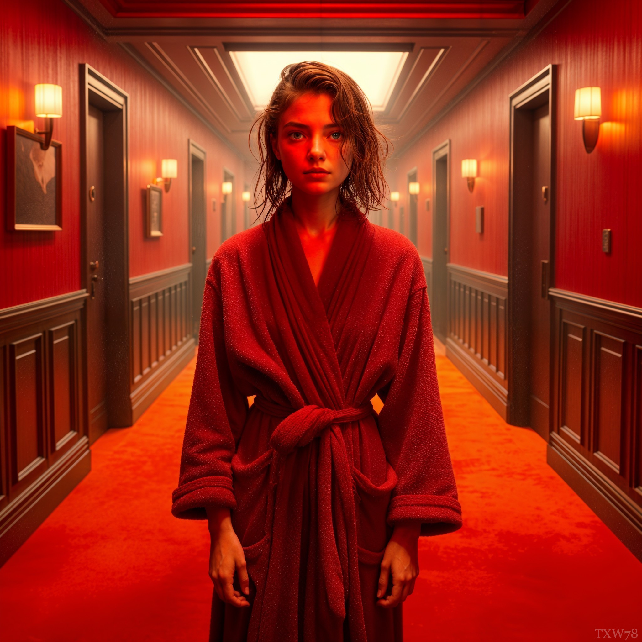 Young woman in a red-lit hotel corridor with robe