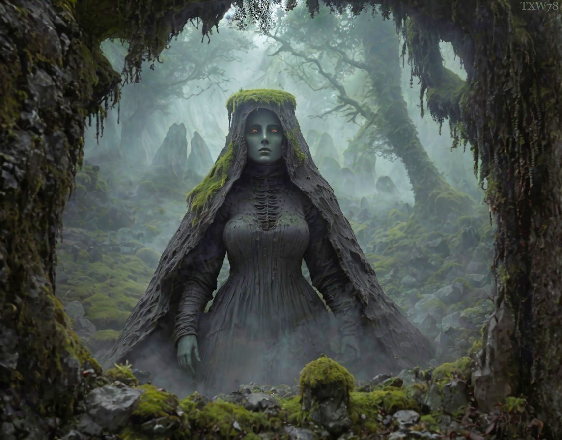 Mystical Forest with Cloaked Figure and Dreamlike Fog