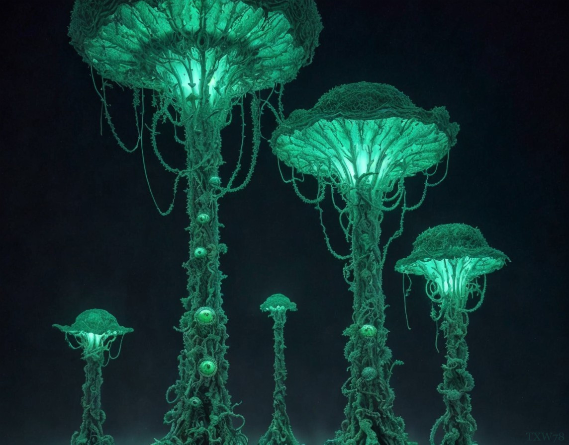 Bioluminescent jellyfish-like structures with intricate tendrils in dark underwater scene