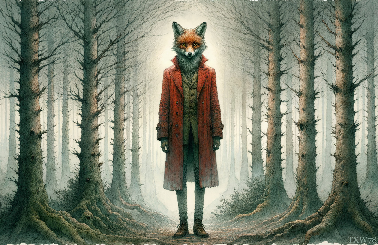 Humanoid fox in a misty forest with tall trees