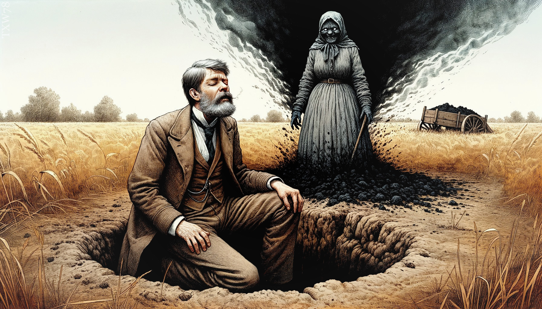 Surreal Scene of Man in Wheat Field with Spectral Woman