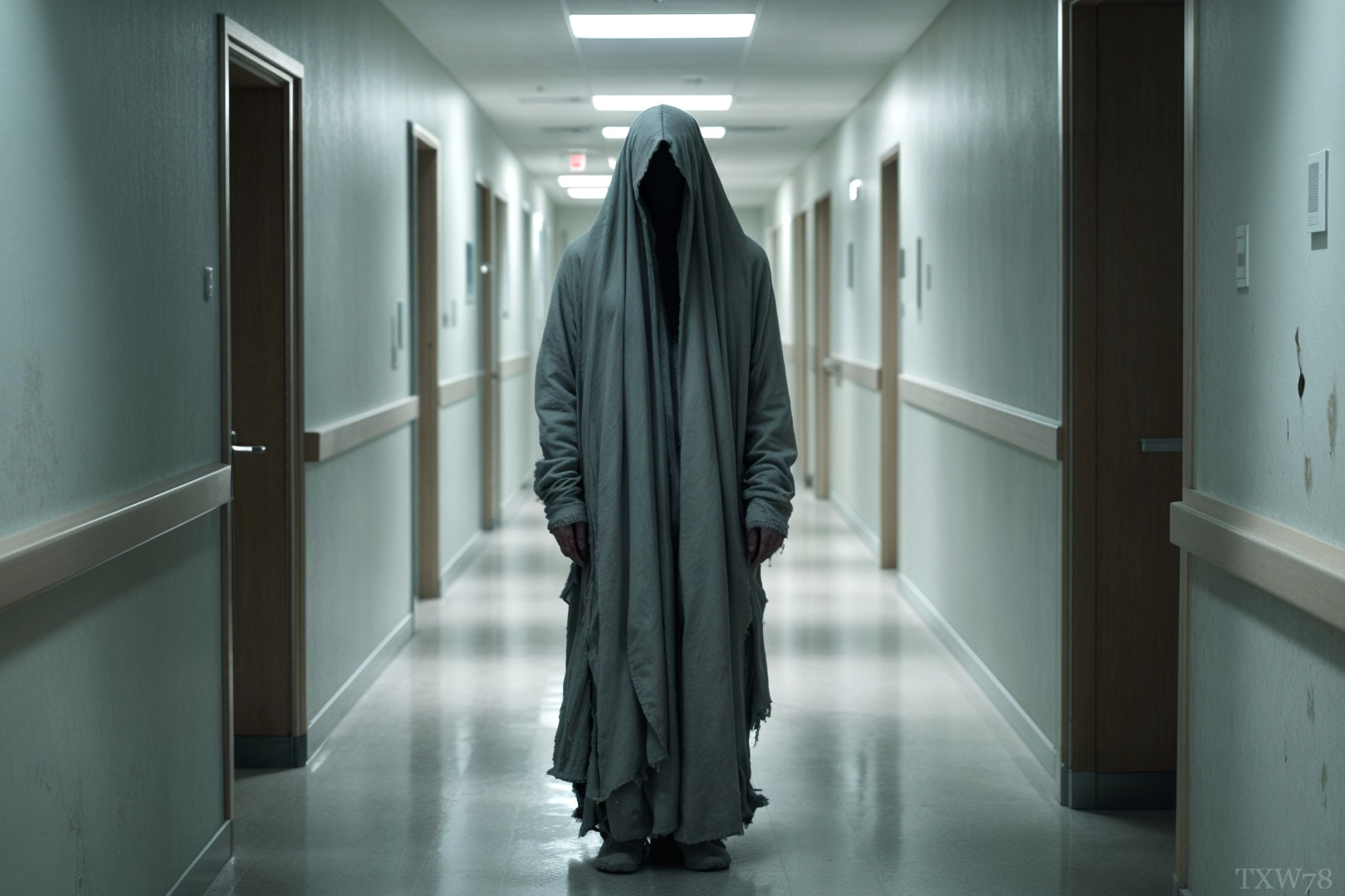Eerie Hospital Corridor with Cloaked Figure in Shadows