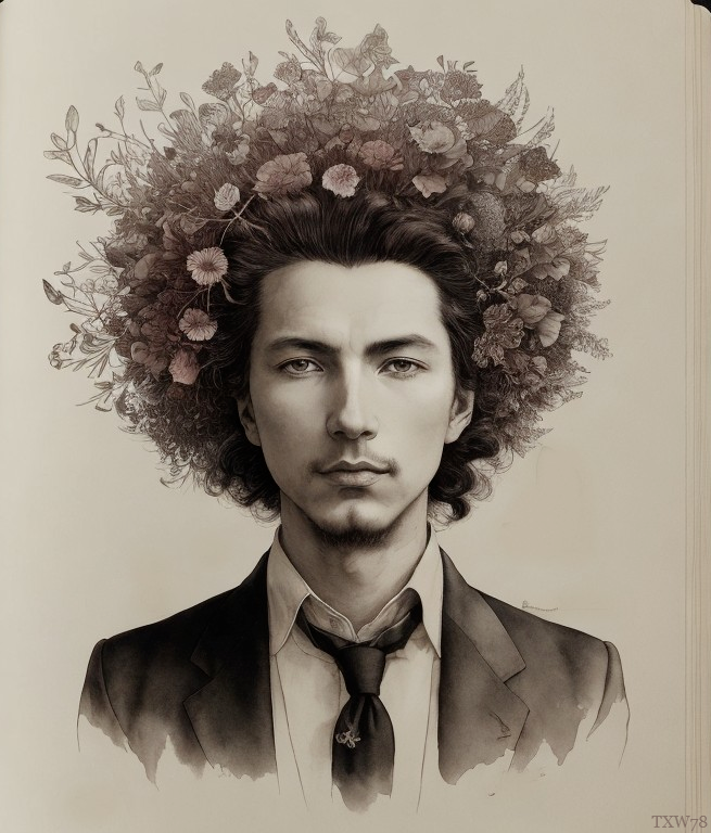 Portrait of a Young Man with Afro and Floral Elements