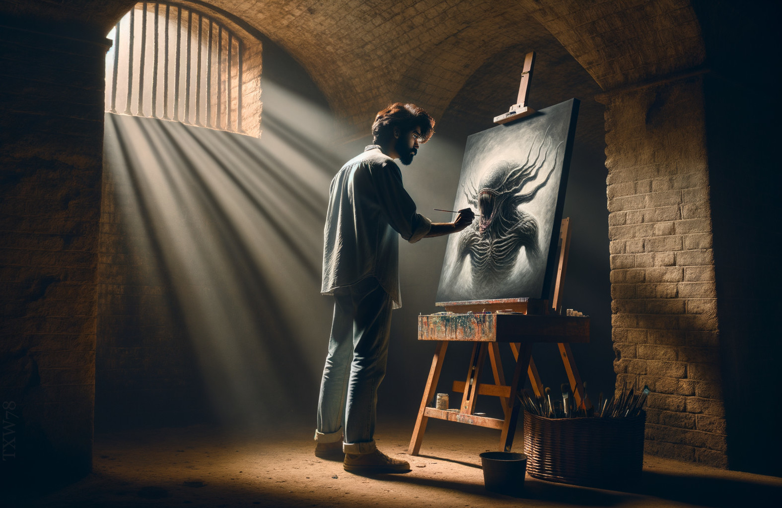 Lone Artist in Dim Room with Black and White Painting