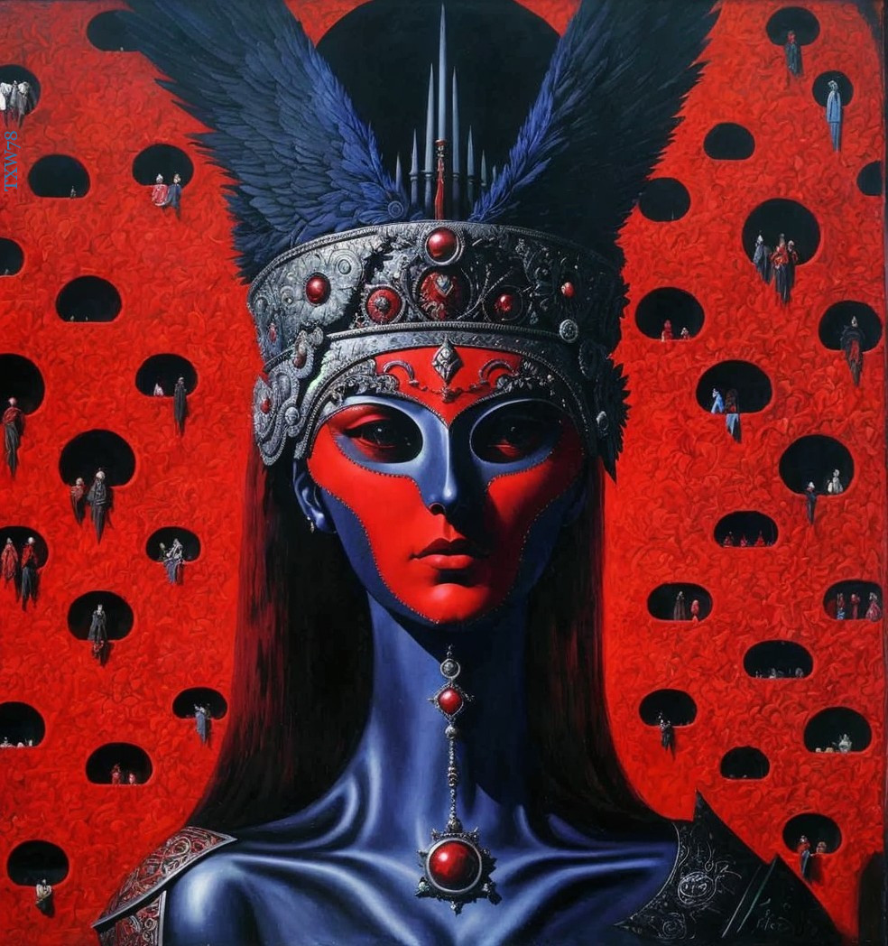 Portrait of Woman with Blue Face and Regal Headdress