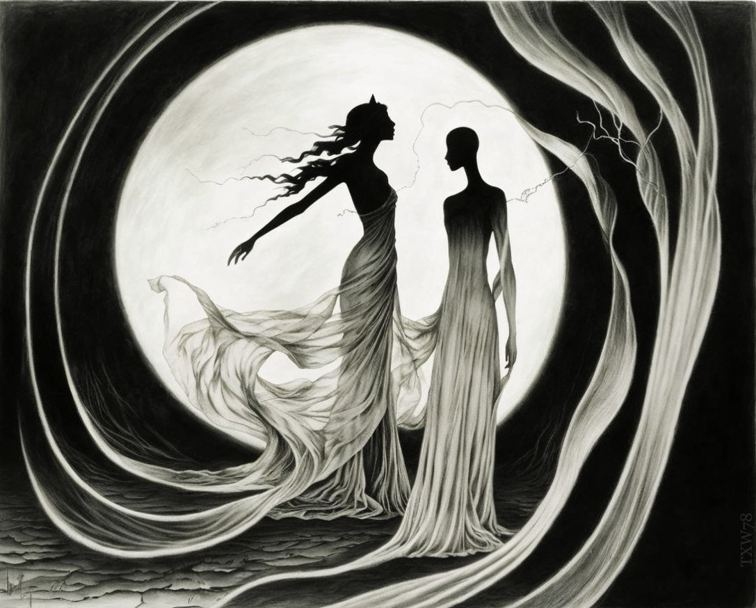 Monochromatic Scene of Two Figures by Full Moon