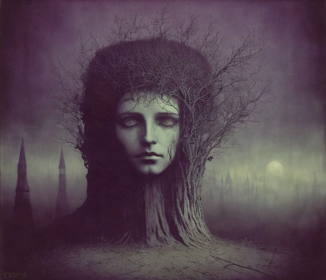 Surreal portrait of woman's face merging with tree, branches as hair, misty gothic