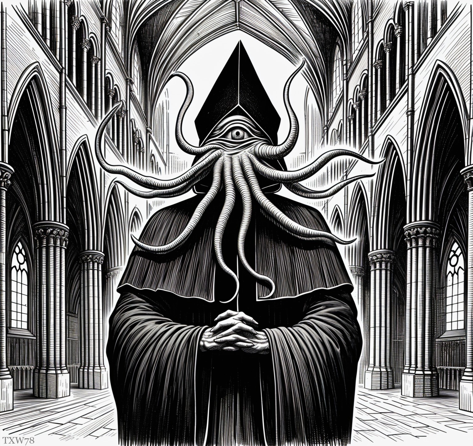 Cloaked Figure with Mask in Gothic Cathedral Setting