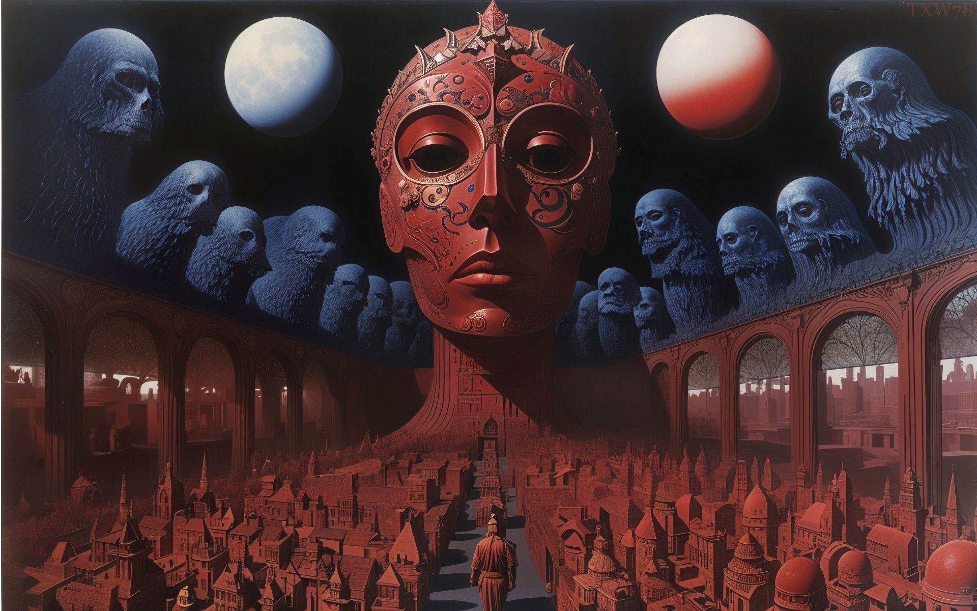 Intricate Red Mask Over Dark Surreal Cityscape
