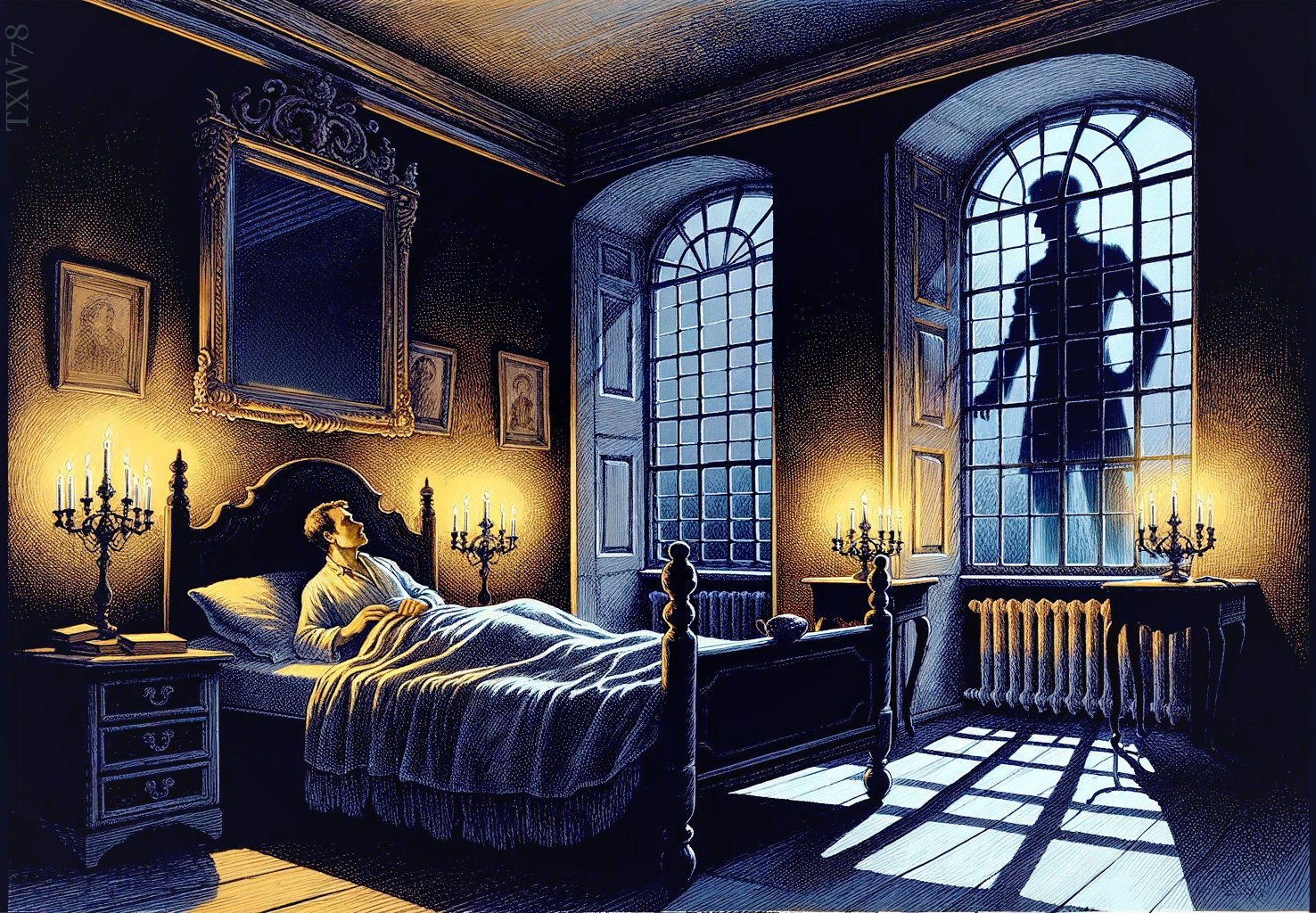 Eerie Bedroom Scene with Towering Shadow Figure
