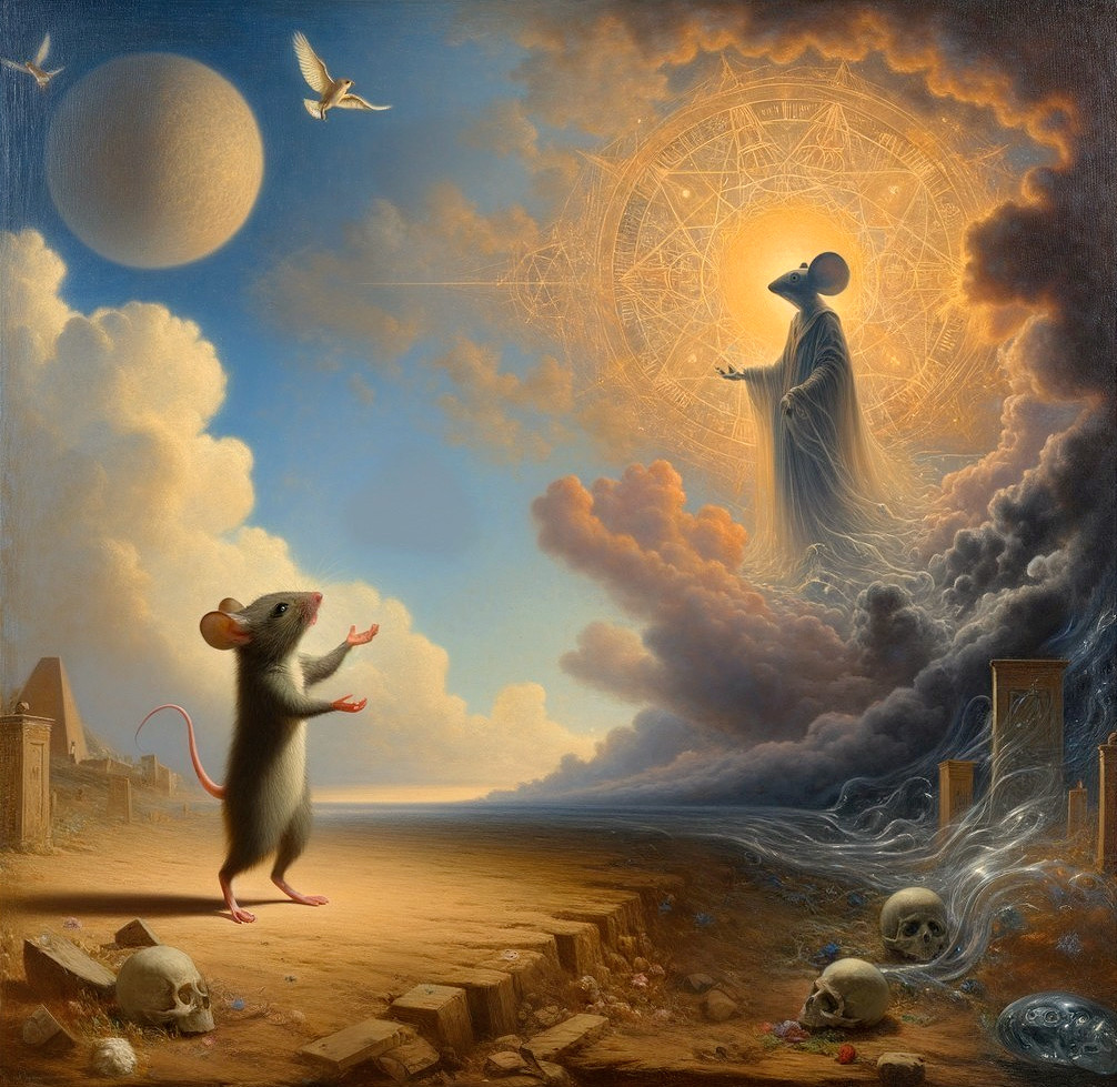 Surreal Landscape with Mystical Figure and Mouse