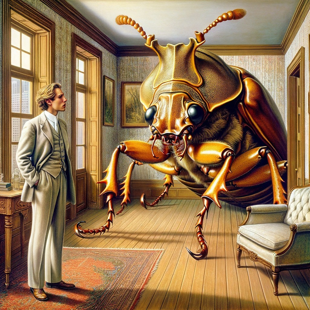 Man in suit observes giant beetle in vintage room with wood-paneled walls