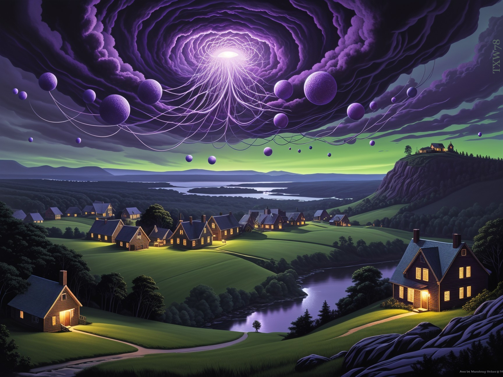 Surreal Landscape with Quaint Houses and Dramatic Sky
